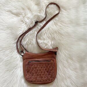 Vilenca Holland Dark Cognac Brown Woven Natural Leather Crossbody Purse Bag